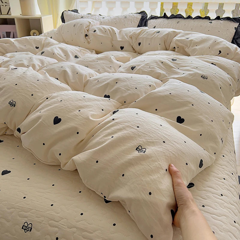 2025 new soft waxy waxy wash quilt cover Knitted double layer single bed sheet Little fresh polka dot bedding