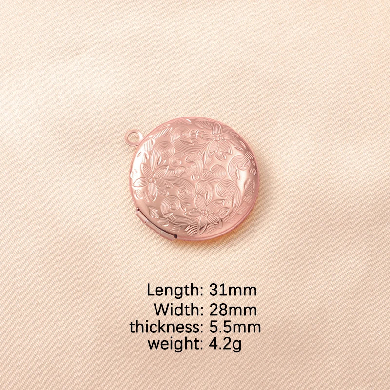 RUMNVNTY 5pc Carved Designs Round Photo Frame Pendant Necklace Stainless Steel Charms Locket Girls Women Memorial Jewelry