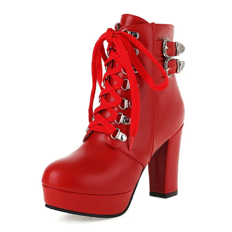 Winter Pink White Red Platform Ankle Boots Women High Chunky Heel Party Dress Lady Buckle Zipper Platform Short Motorcycle Boots