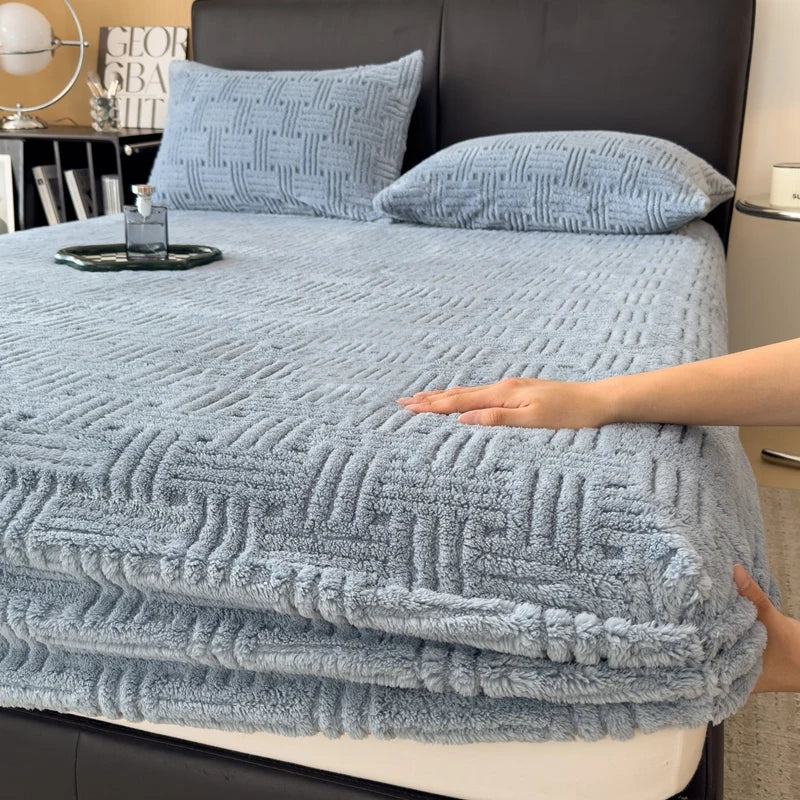 Winter Embossed Plush Fitted Sheet Soft Warm Coral Velvet Mattress Protector Cover Queen Size Deep Pocket Elastic Bed Sheet Set